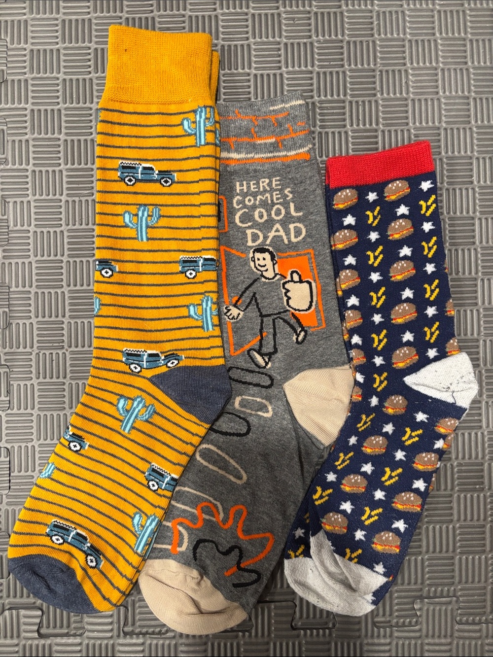 Men's Novelty Sock 3-Pack- Fun Patterned Crew Burgers, Fries, Cactus, Cool Dad